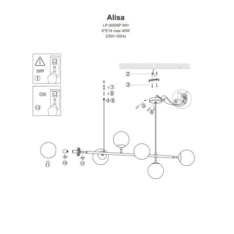 Lampa wisząca Alisa 6xE14 złota/biała LP-005/6P WH Lampa wisząca Alisa 6xE14 złota/biała LP-005/6P WH