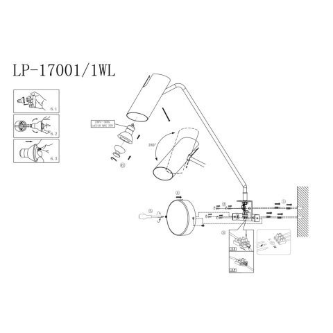 Kinkiet Futuro z wysięgnikiem 1xGU10 czarny LP-17001/1WL BK Kinkiet Futuro z wysięgnikiem 1xGU10 czarny LP-17001/1WL BK