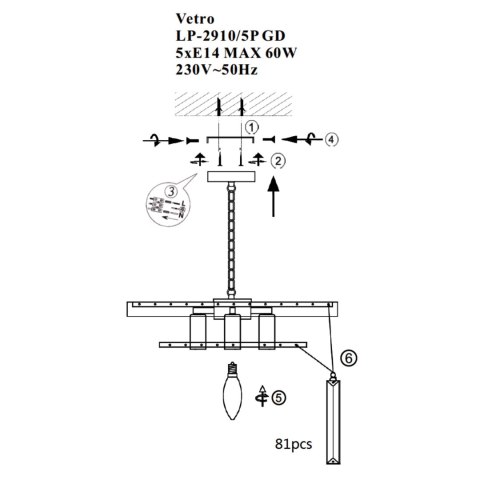 Lampa wisząca Vetro 5xE14 transparentna/srebrna LP-2910/5P Lampa wisząca Vetro 5xE14 transparentna/srebrna LP-2910/5P