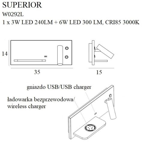 MAXLIGHT W0292L KINKIET SUPERIOR Z GNIAZDEM USB I ŁADOWARKĄ INDUKCYJNĄ CZAR MAXLIGHT W0292L KINKIET SUPERIOR Z GNIAZDEM USB I ŁADOWARKĄ INDUKCYJNĄ CZAR